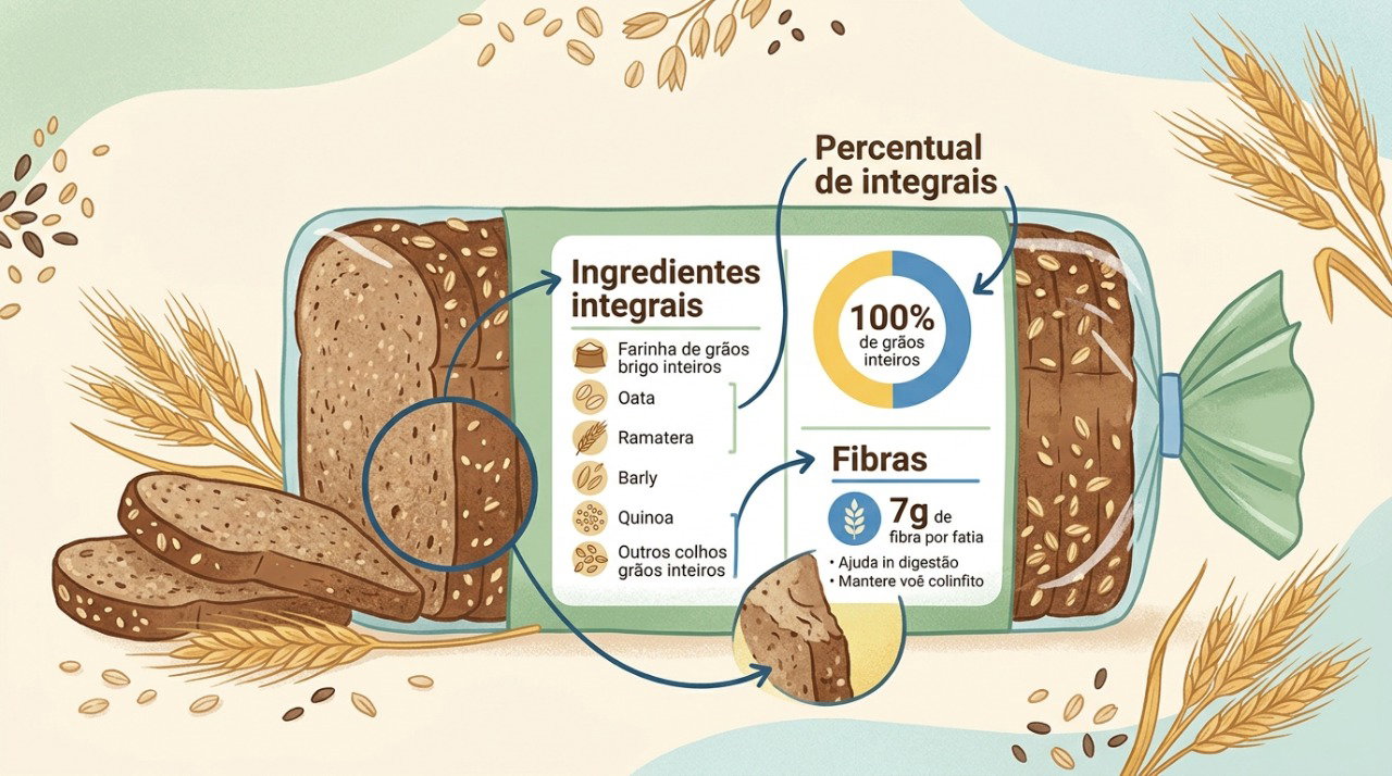 O percentual de ingredientes integrais e a quantidade de fibras ajudam a comparar diferentes tipos de pão.