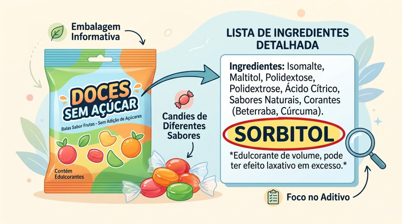 O sorbitol é um dos adoçantes presentes em balas sem açúcar que podem causar gases e desconforto intestinal.