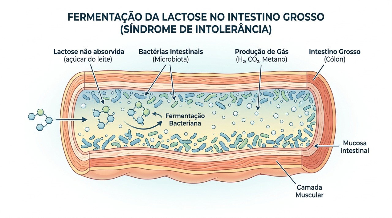 A lactose não digerida pode ser fermentada no intestino grosso, provocando gases e cólicas.