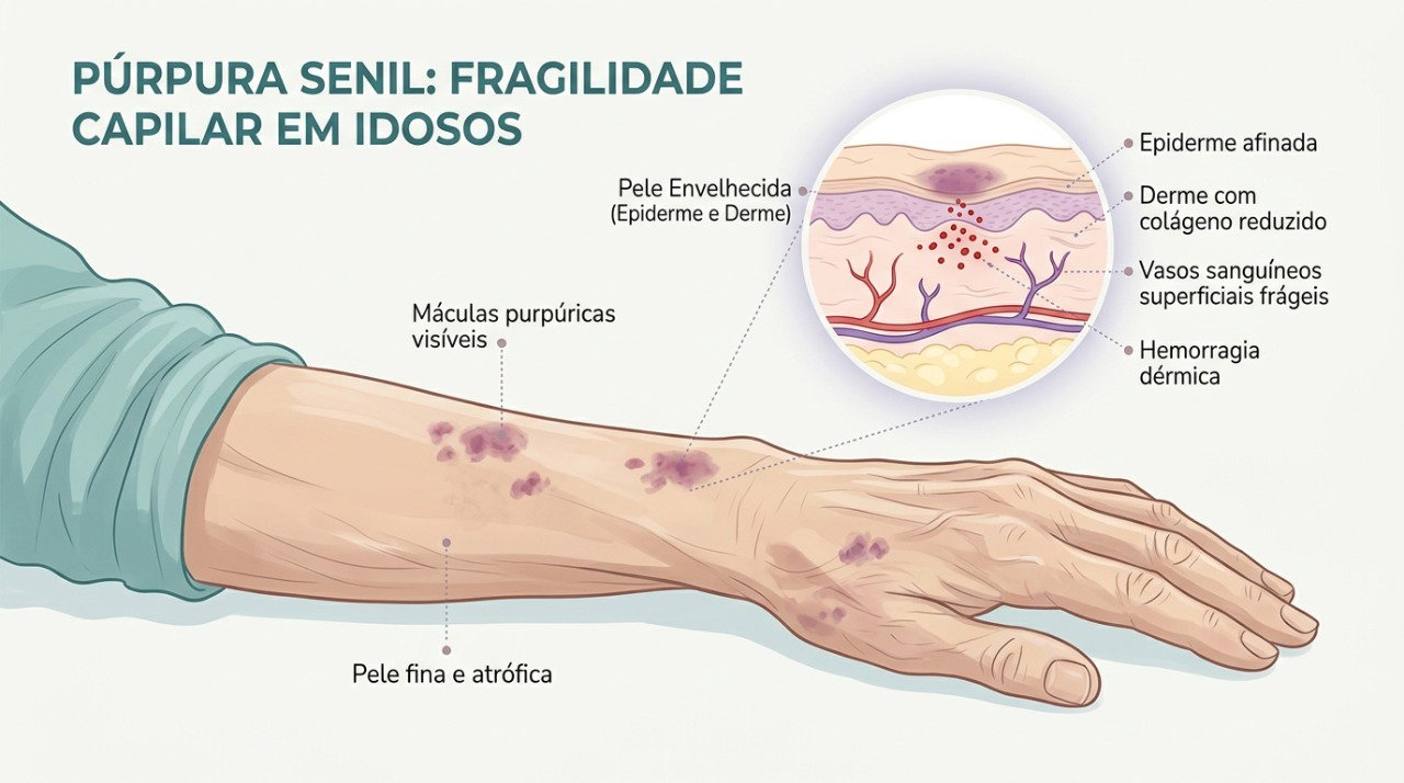 O afinamento da pele com a idade pode deixar os vasos sanguíneos mais vulneráveis a pequenas batidas.
