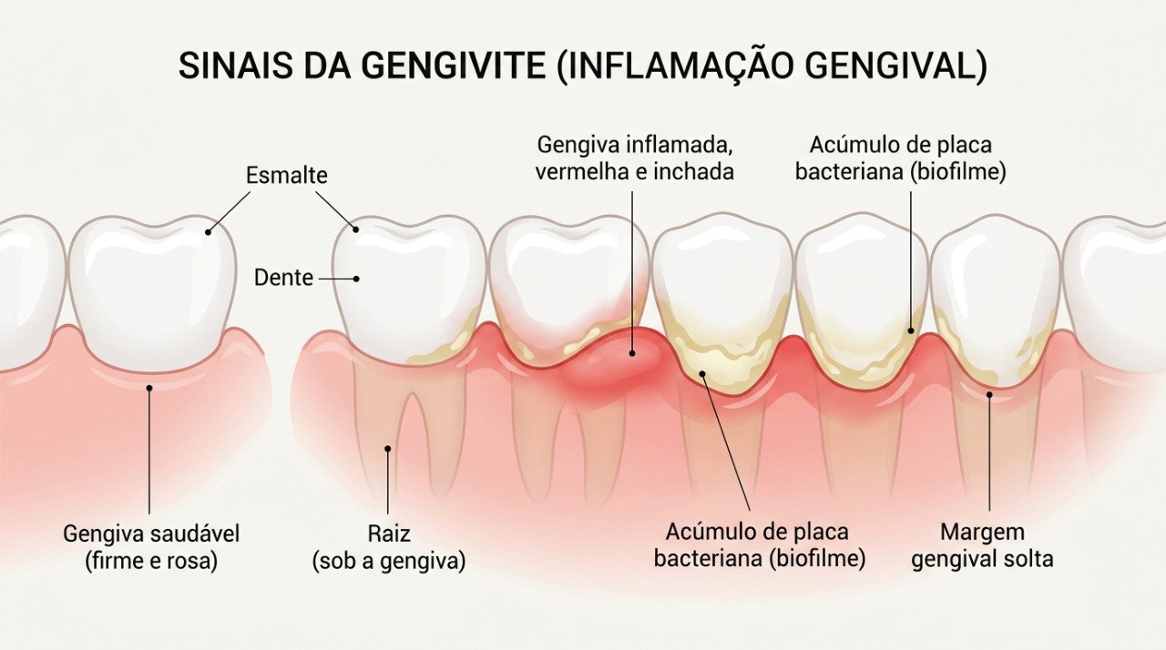 O acúmulo de placa bacteriana pode causar gengivite, deixando a gengiva avermelhada, inchada e propensa a sangramentos.