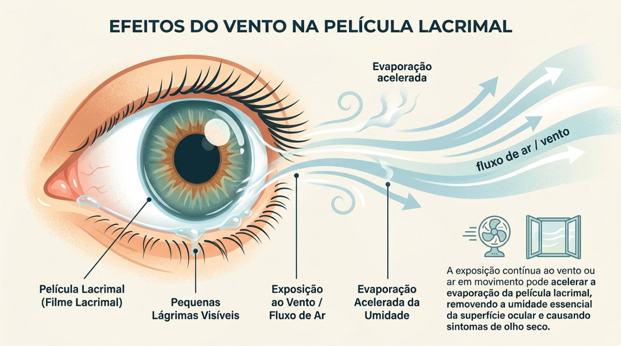 A evaporação da película lacrimal pode causar ressecamento ocular e estimular a produção reflexa de lágrimas.