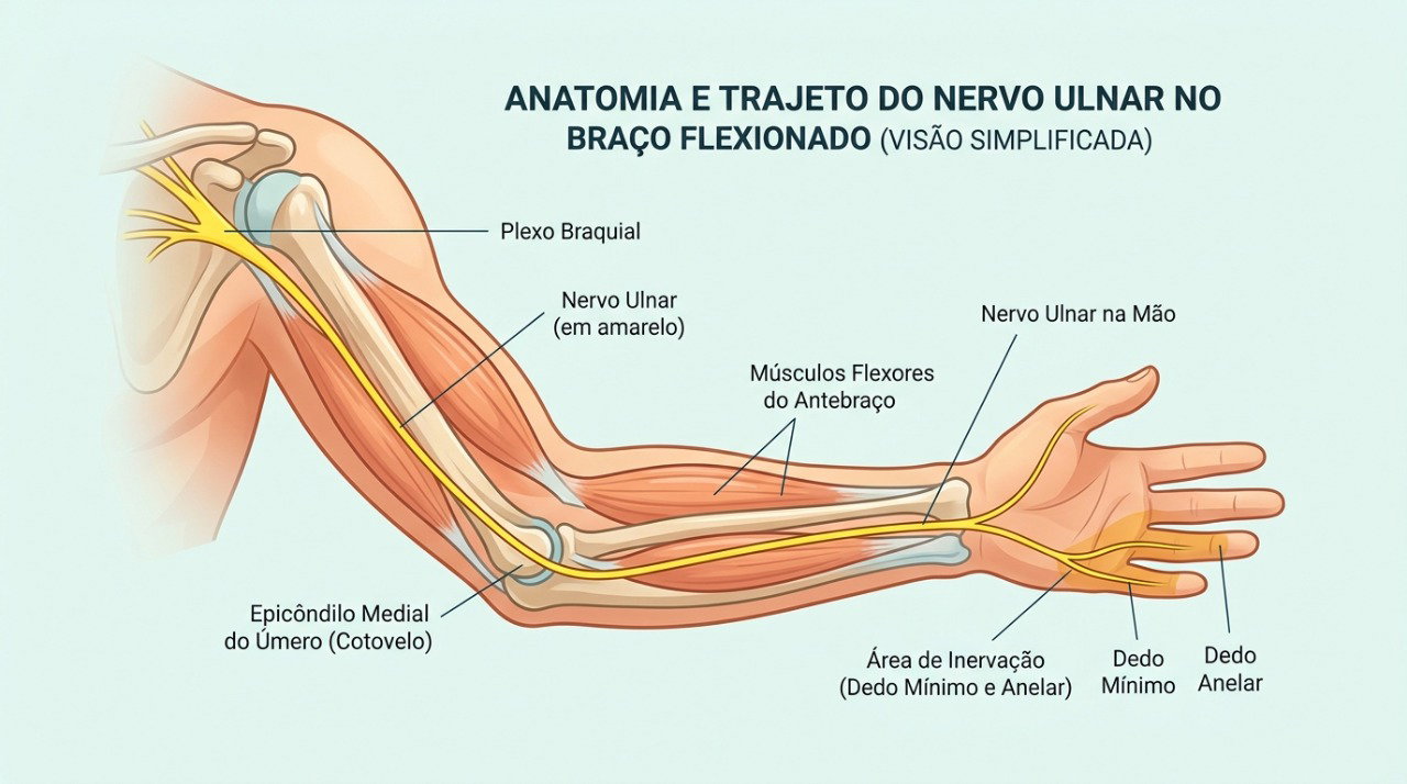 O nervo ulnar passa pela parte interna do cotovelo e pode causar formigamento nos dedos quando sofre compressão.