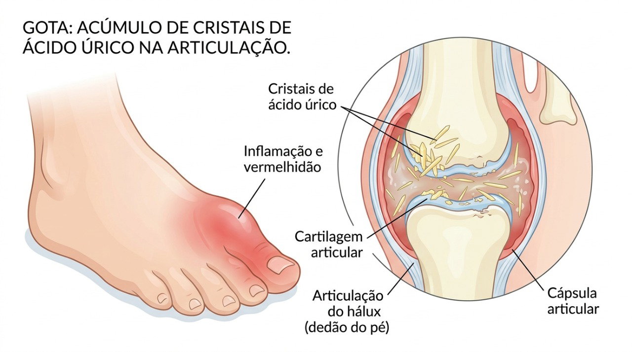 O acúmulo de cristais de urato na articulação do dedão pode provocar inflamação, inchaço e dor intensa durante uma crise de gota.