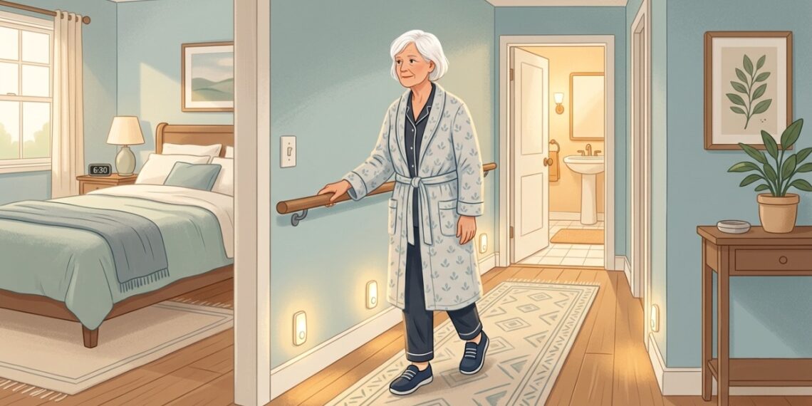 Um caminho bem iluminado e livre de obstáculos ajuda a prevenir quedas noturnas durante a ida ao banheiro.