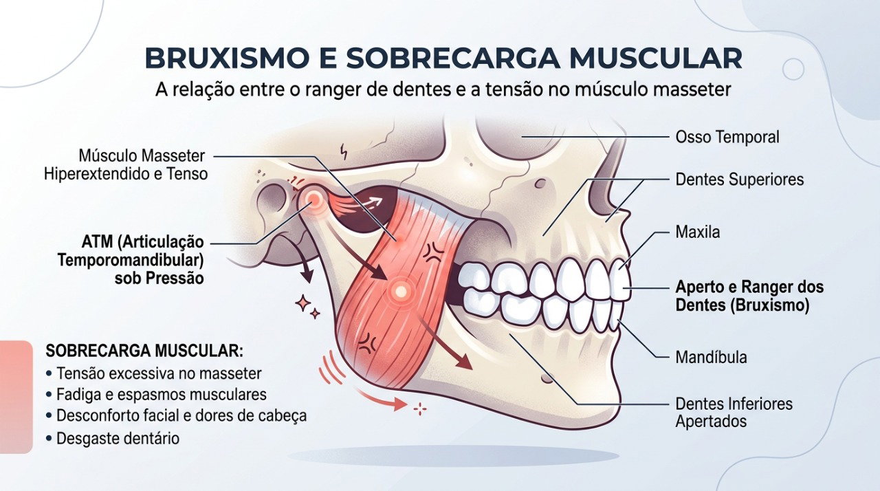 O apertamento dos dentes durante o sono pode sobrecarregar os músculos da mastigação e causar dor na mandíbula.