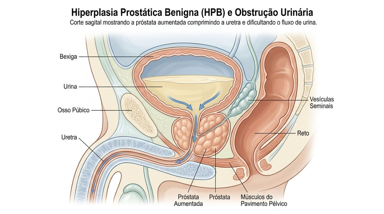 O aumento benigno da próstata pode comprimir a uretra e dificultar o esvaziamento da bexiga.