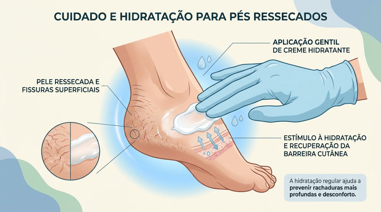 A hidratação diária ajuda a suavizar a pele ressecada e favorece a recuperação do calcanhar rachado.