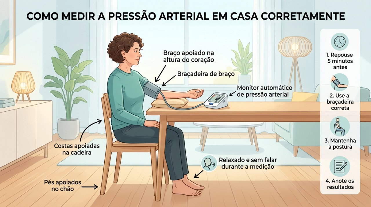 Medir a pressão em casa com postura correta ajuda a obter resultados mais confiáveis.