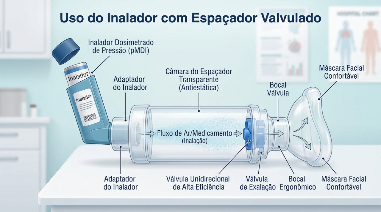O espaçador pode facilitar a inalação do medicamento e reduzir erros de coordenação no uso da bombinha de spray.