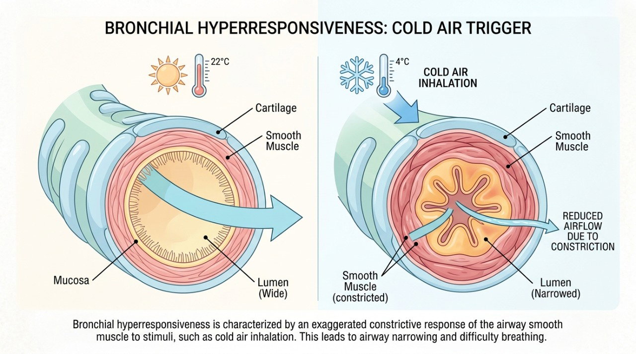 O ar frio pode provocar estreitamento dos brônquios em pessoas com vias respiratórias mais sensíveis.