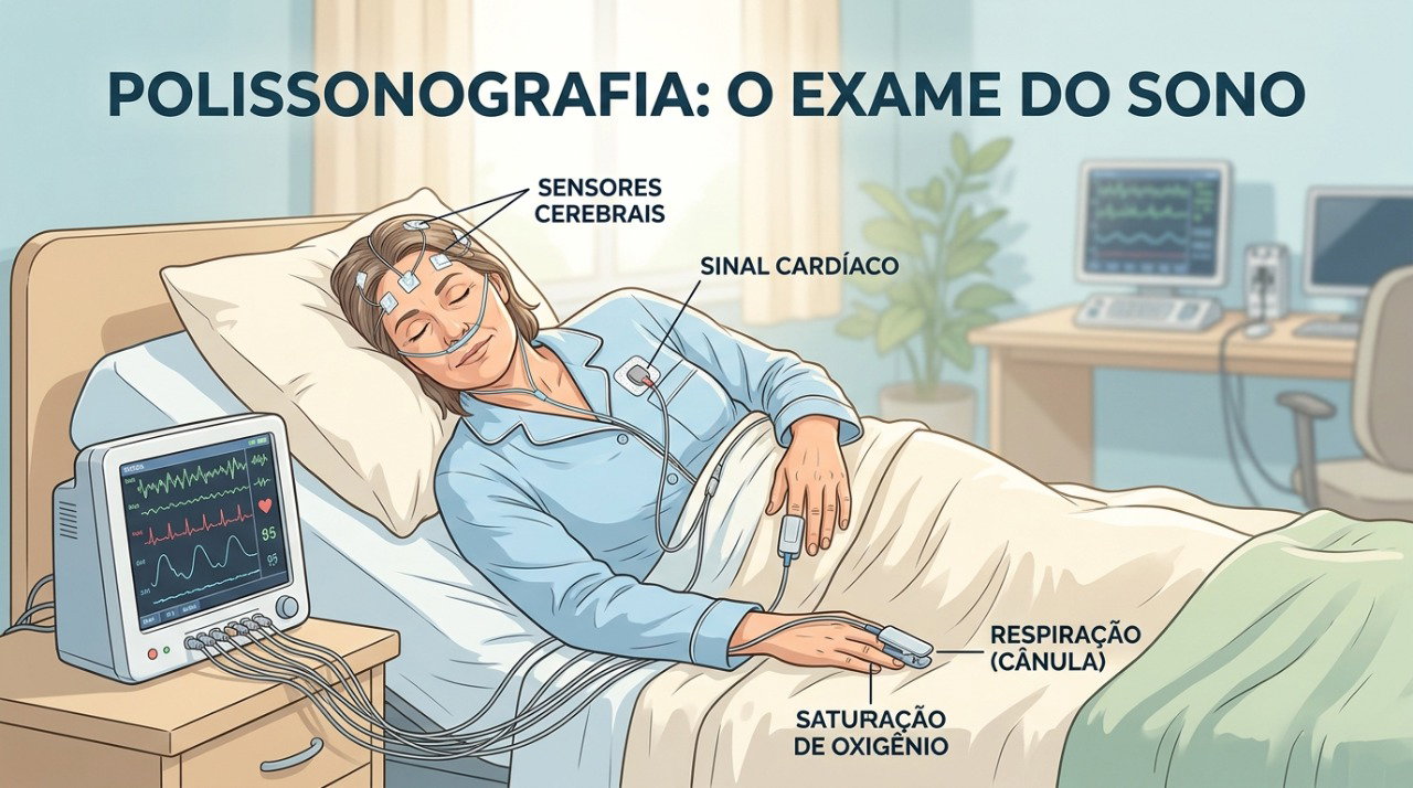 A polissonografia monitora a respiração e outros parâmetros durante o sono para ajudar no diagnóstico da apneia.