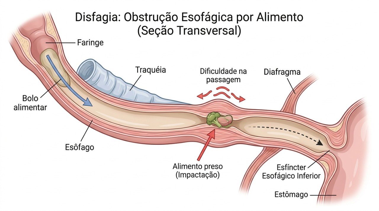 O estreitamento do esôfago pode dificultar a passagem dos alimentos e provocar a sensação de comida entalada.