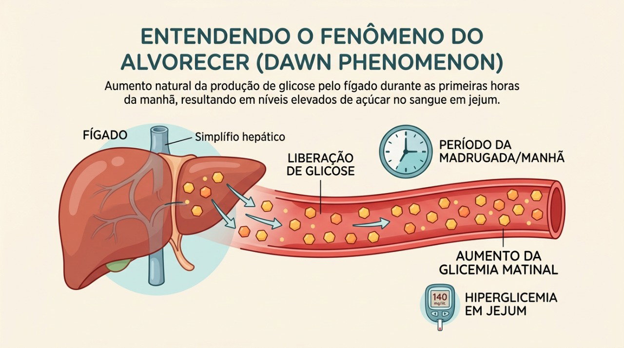 O fenômeno do amanhecer estimula a liberação de glicose pelo fígado e pode elevar a glicemia matinal.
