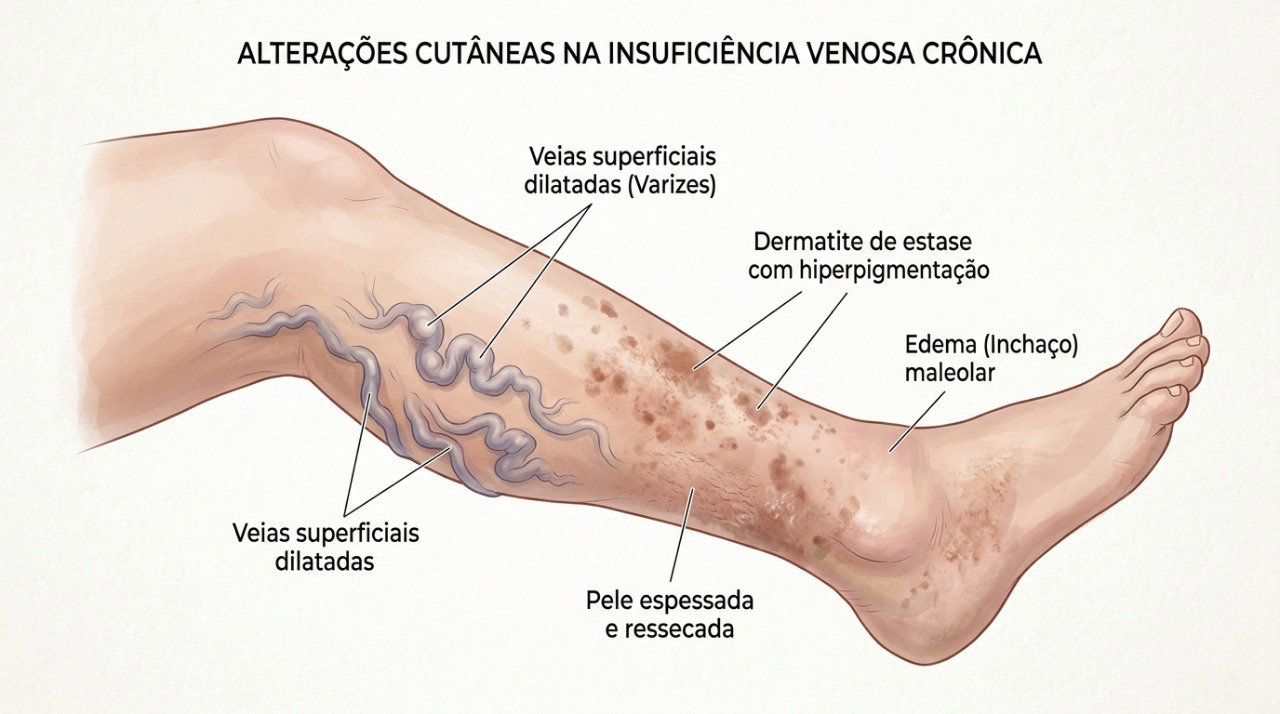 A insuficiência venosa pode provocar inchaço, inflamação e escurecimento da pele na região da canela.