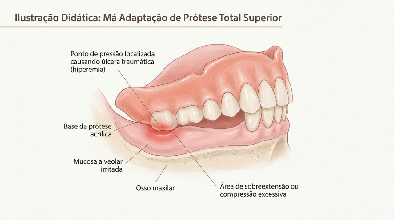 O encaixe inadequado da dentadura pode provocar pressão localizada, vermelhidão e feridas na gengiva.