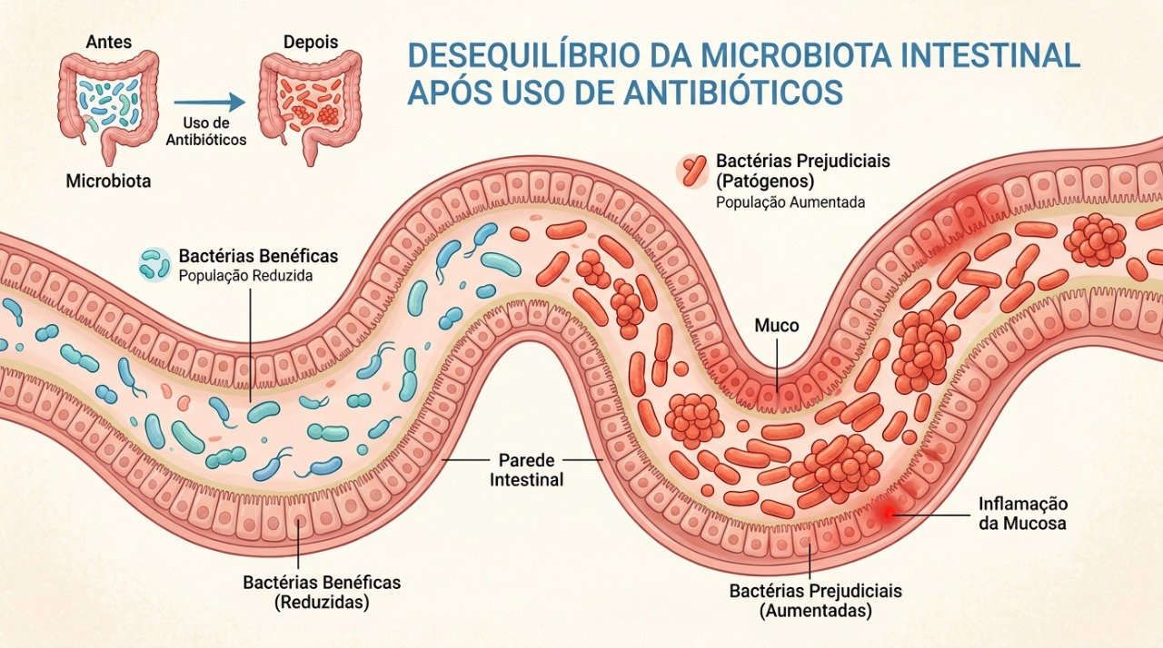 O uso de antibióticos pode desequilibrar a microbiota intestinal e favorecer infecções que causam diarreia.