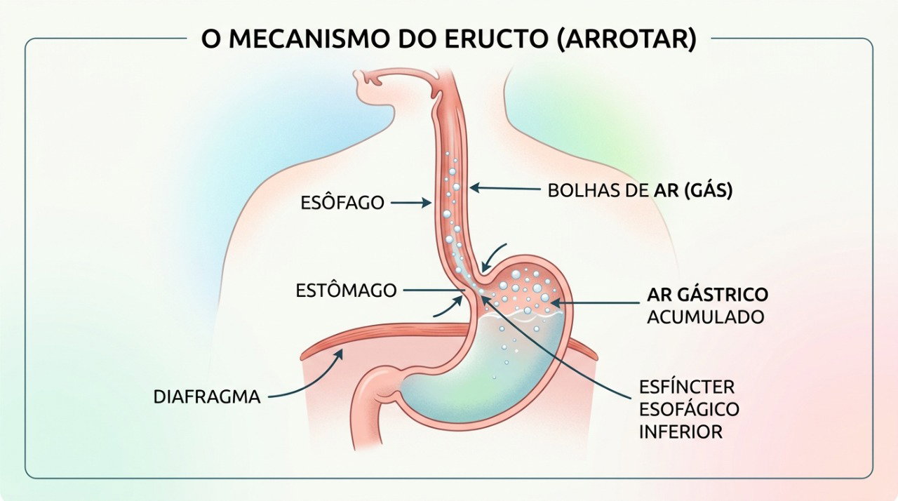 O ar engolido durante as refeições pode retornar do estômago pelo esôfago e provocar arrotos.