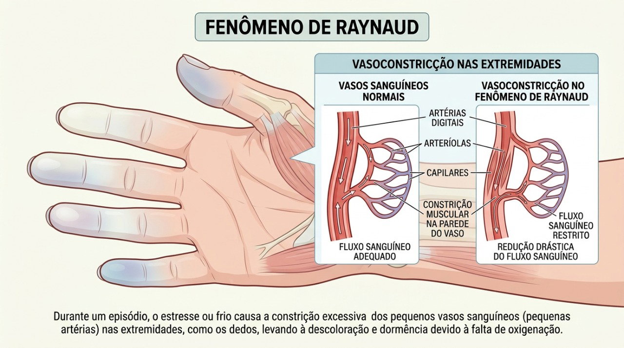 A contração excessiva dos vasos sanguíneos pode reduzir a circulação e deixar os dedos temporariamente brancos.