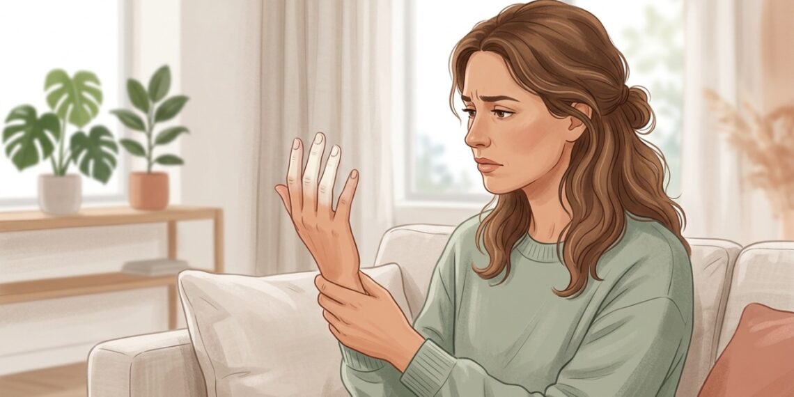 Dedos esbranquiçados em ambientes frios podem indicar uma reação vascular associada ao fenômeno de Raynaud.