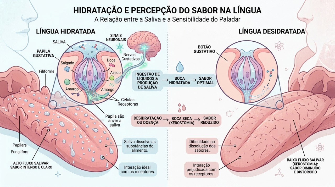 A saliva participa da percepção dos sabores, e sua redução pode contribuir para alterações no paladar.