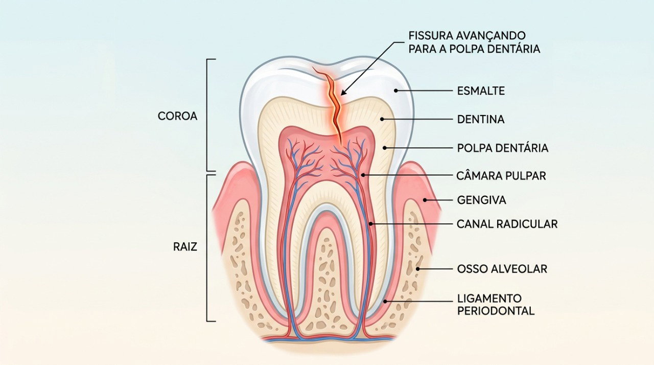 Uma trinca pode atingir estruturas internas do dente e provocar dor durante a mastigação.