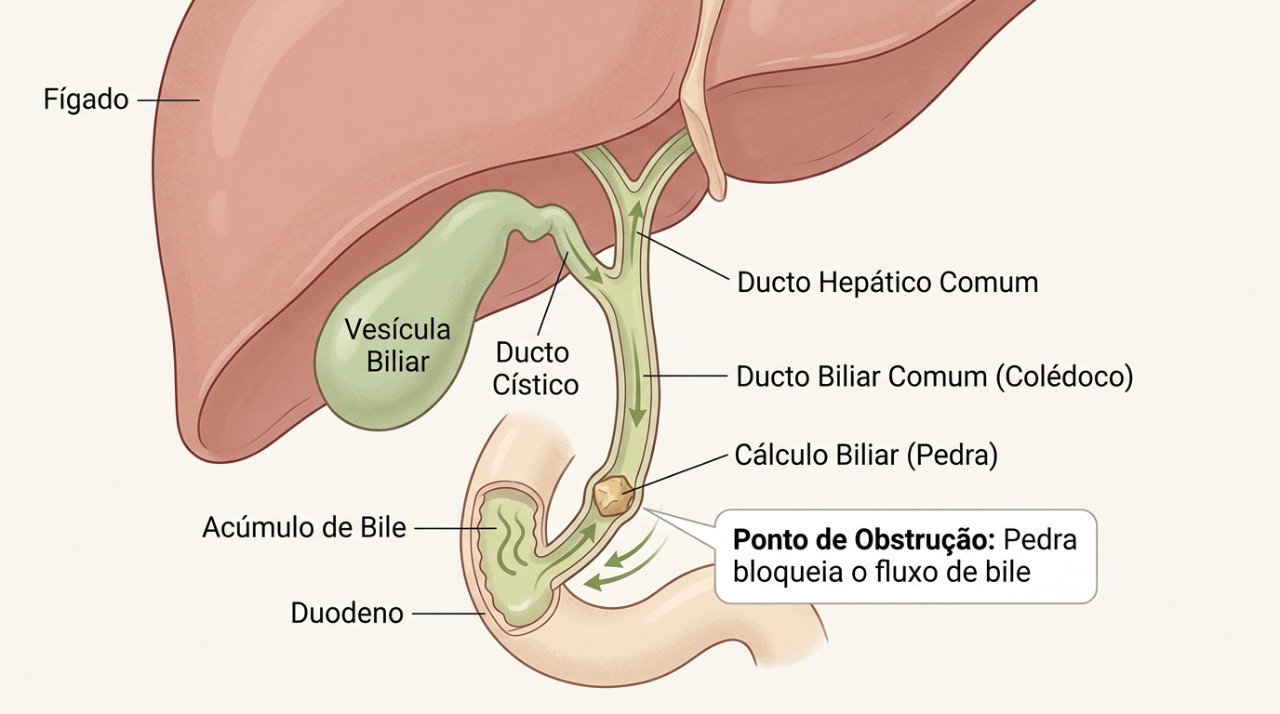 Cálculos biliares podem dificultar a saída da bile e provocar dor abdominal após as refeições.