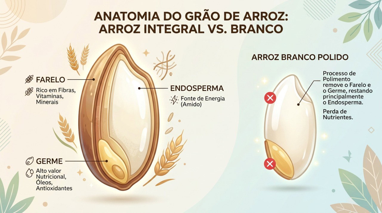 O arroz integral preserva o farelo e o gérmen, partes do grão que são retiradas no processamento do arroz branco.