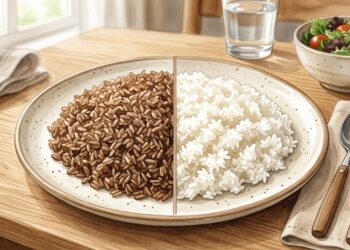 O arroz integral preserva mais fibras que o branco e pode ajudar a prolongar a saciedade.