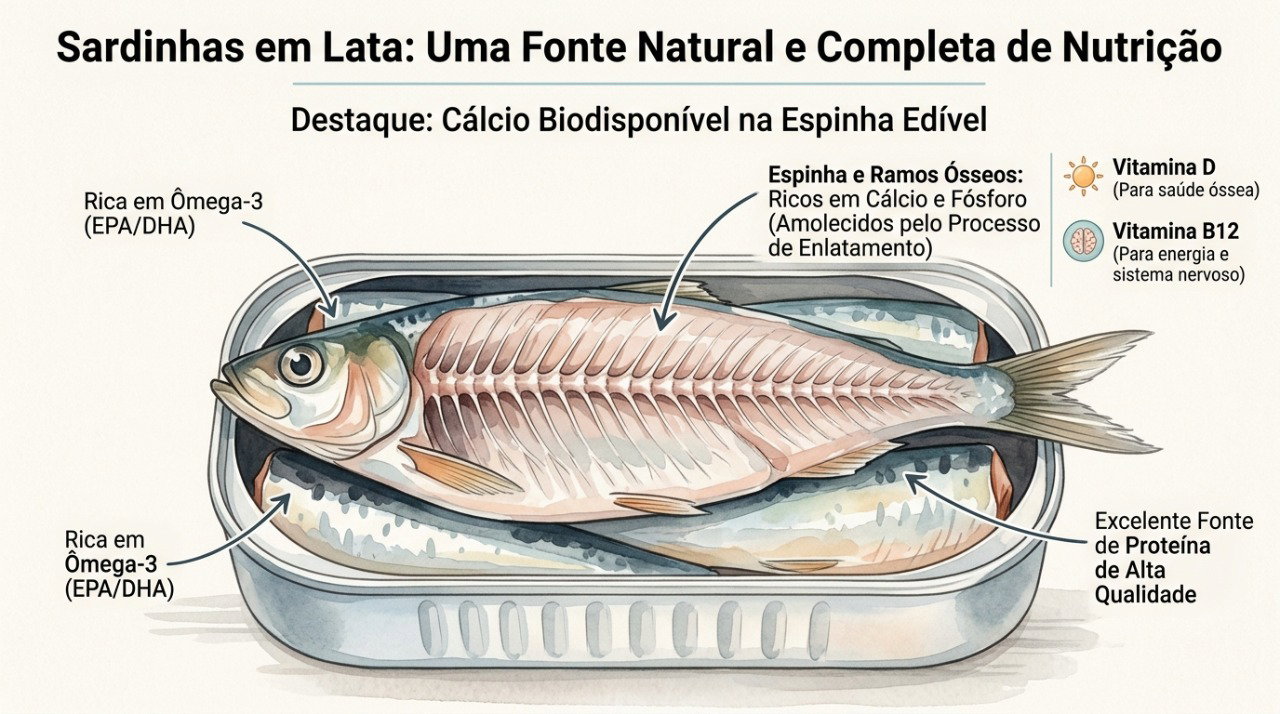 A espinha da sardinha concentra cálcio e fica macia durante o processamento da conserva.