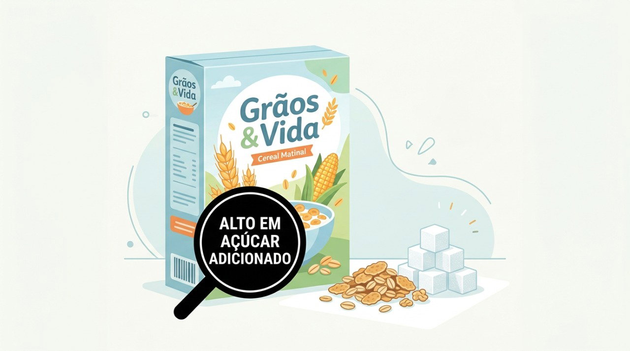A lupa nutricional identifica cereais com alto teor de açúcares adicionados.