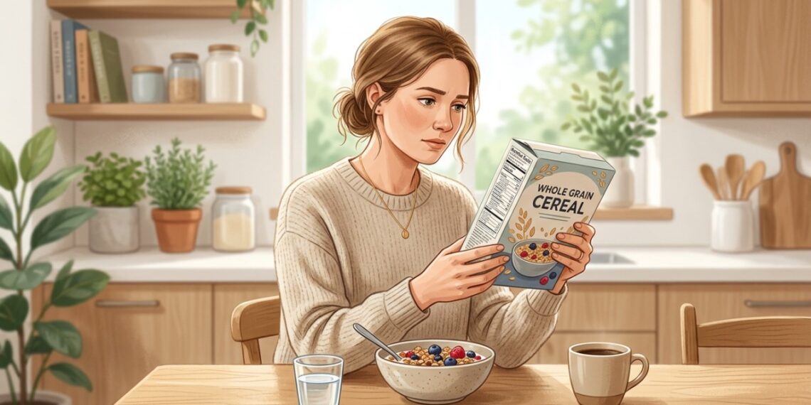 Verificar o rótulo do cereal matinal ajuda a identificar a quantidade de açúcar adicionado.