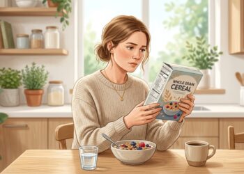 Verificar o rótulo do cereal matinal ajuda a identificar a quantidade de açúcar adicionado.