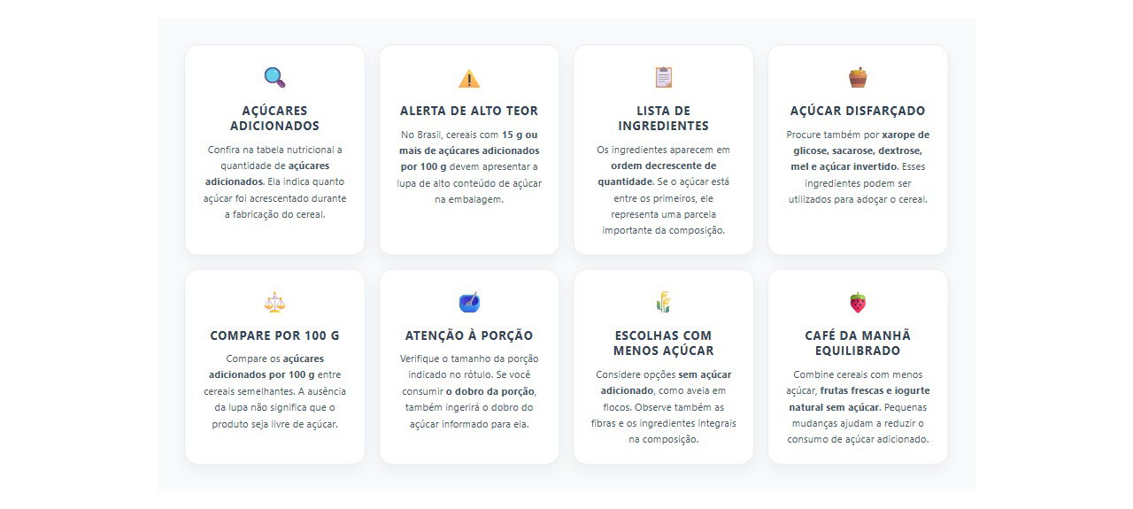 Como saber se o cereal matinal tem muito açúcar: 8 dicas para ler o rótulo