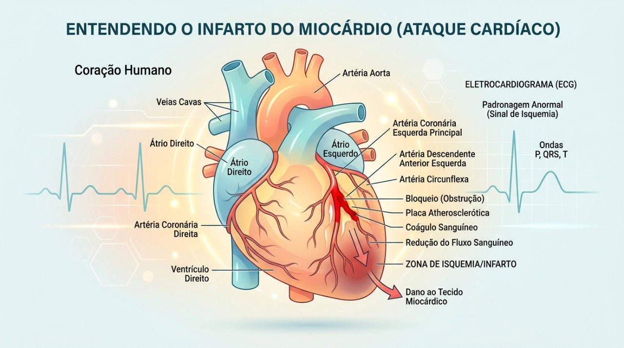 A obstrução de uma artéria coronária pode causar infarto, investigado com exames como o eletrocardiograma.
