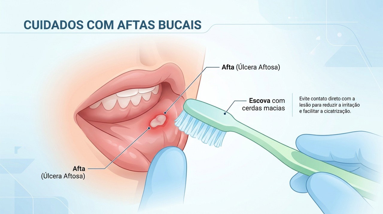 Usar escova de cerdas macias e evitar atrito nas lesões ajuda a reduzir o desconforto das aftas.