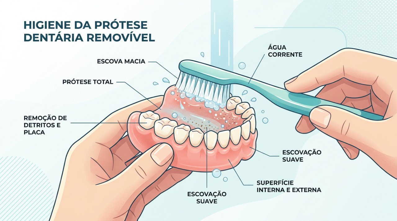 A higienização diária da dentadura ajuda a reduzir o acúmulo de microrganismos e proteger a saúde bucal.