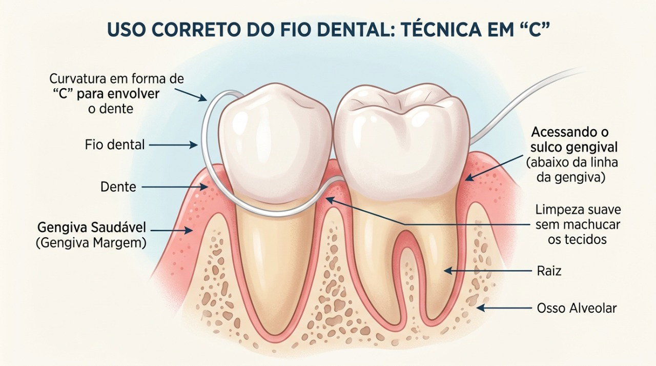 O fio dental deve envolver cada dente em formato de C e deslizar suavemente para evitar ferimentos na gengiva.