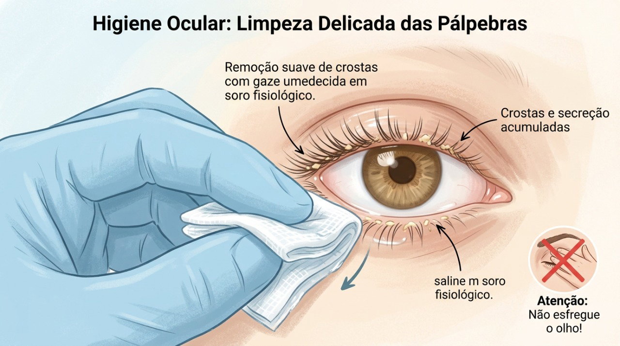 A limpeza delicada com gaze e soro fisiológico ajuda a remover a secreção sem irritar os olhos.