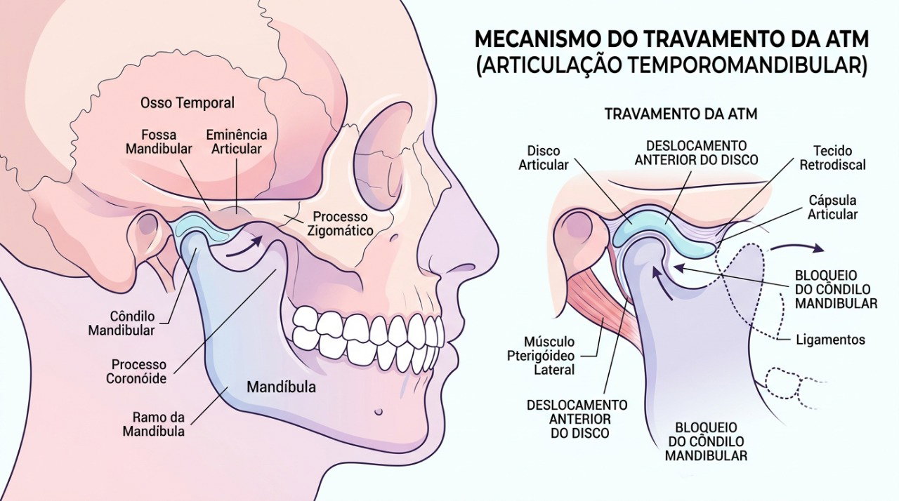 A articulação temporomandibular permite os movimentos da mandíbula e pode estar envolvida nos episódios de travamento.