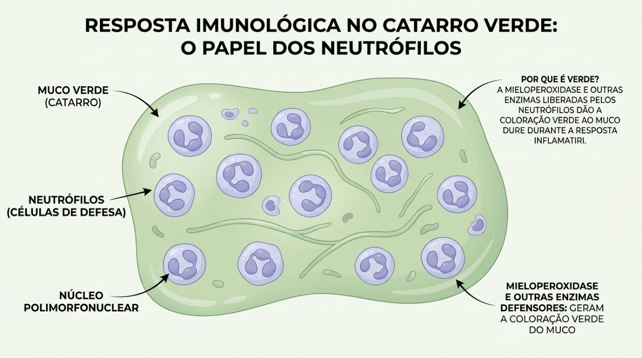 A presença de neutrófilos durante a resposta imunológica pode contribuir para a coloração verde do catarro.