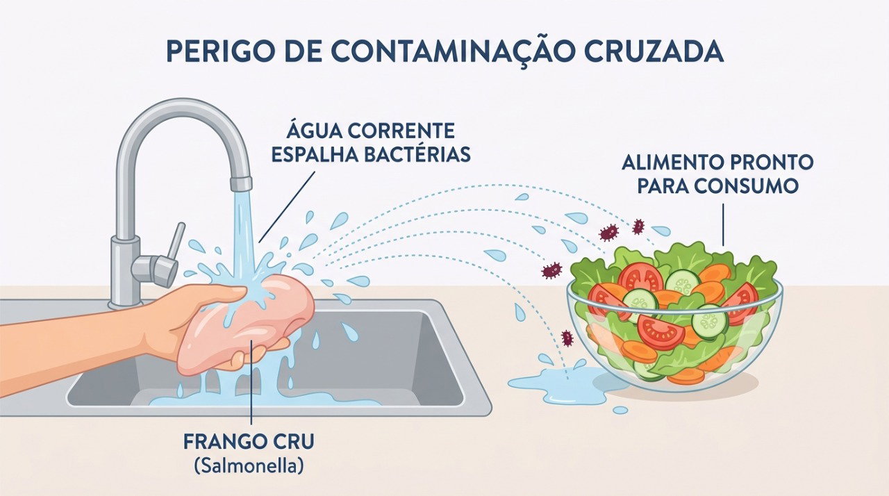 Respingos da lavagem do frango cru podem transportar bactérias para outros alimentos e superfícies.