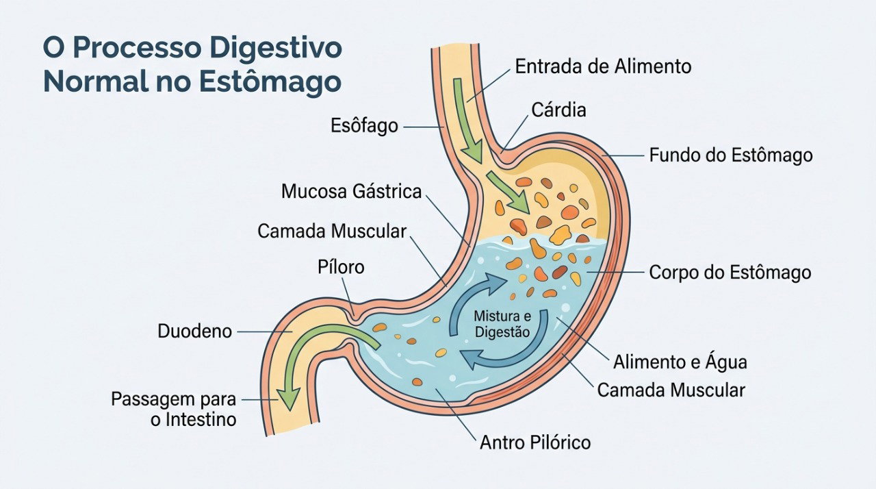 O estômago consegue processar a água e os alimentos sem comprometer a digestão normal.