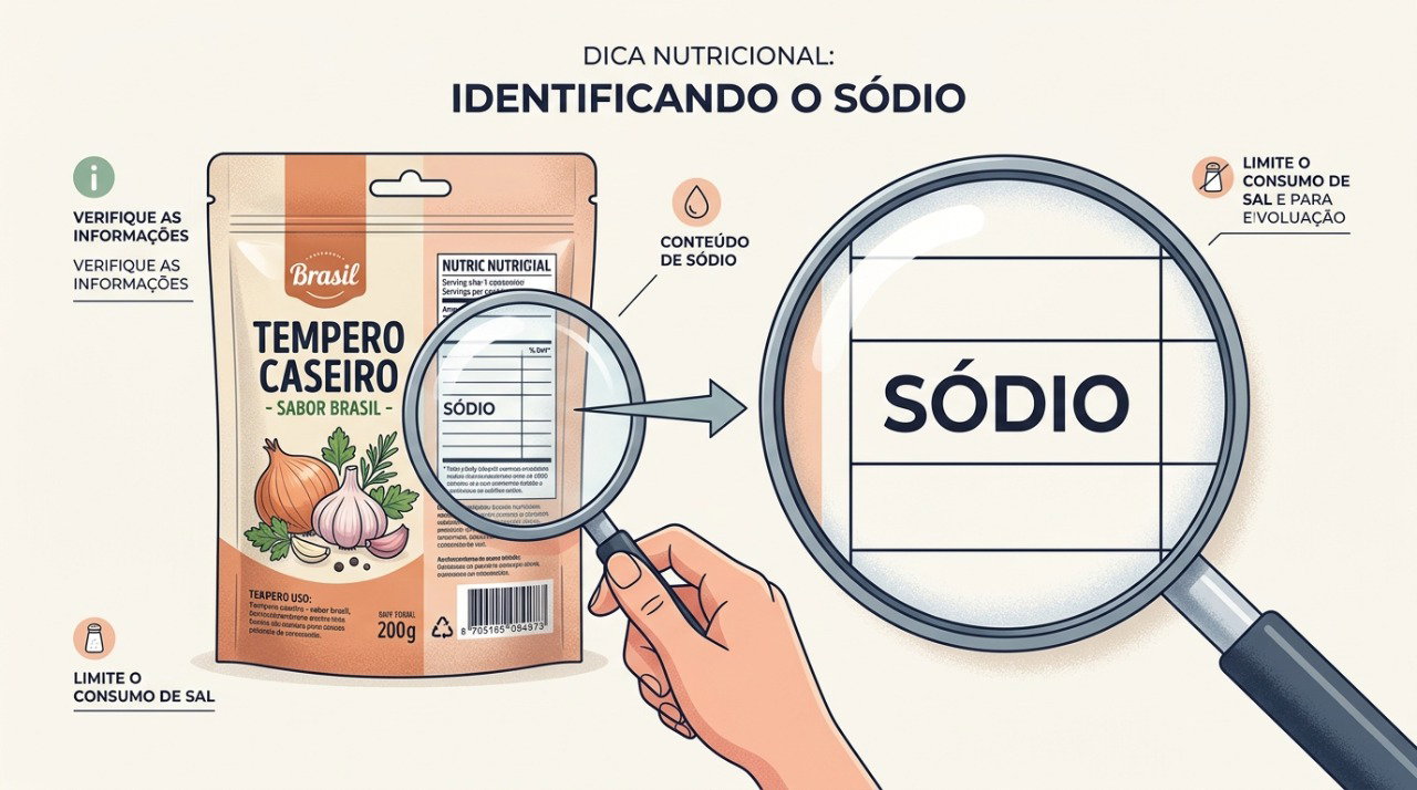 Consultar a quantidade de sódio no rótulo ajuda a identificar temperos prontos com alto teor de sal.