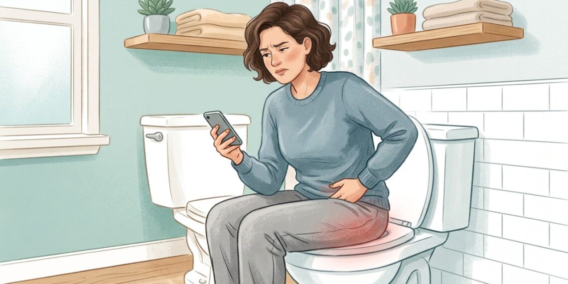 Usar o celular no vaso pode prolongar o tempo sentado e favorecer o desconforto das hemorroidas.