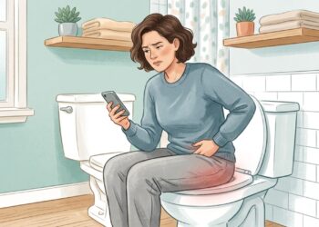 Usar o celular no vaso pode prolongar o tempo sentado e favorecer o desconforto das hemorroidas.