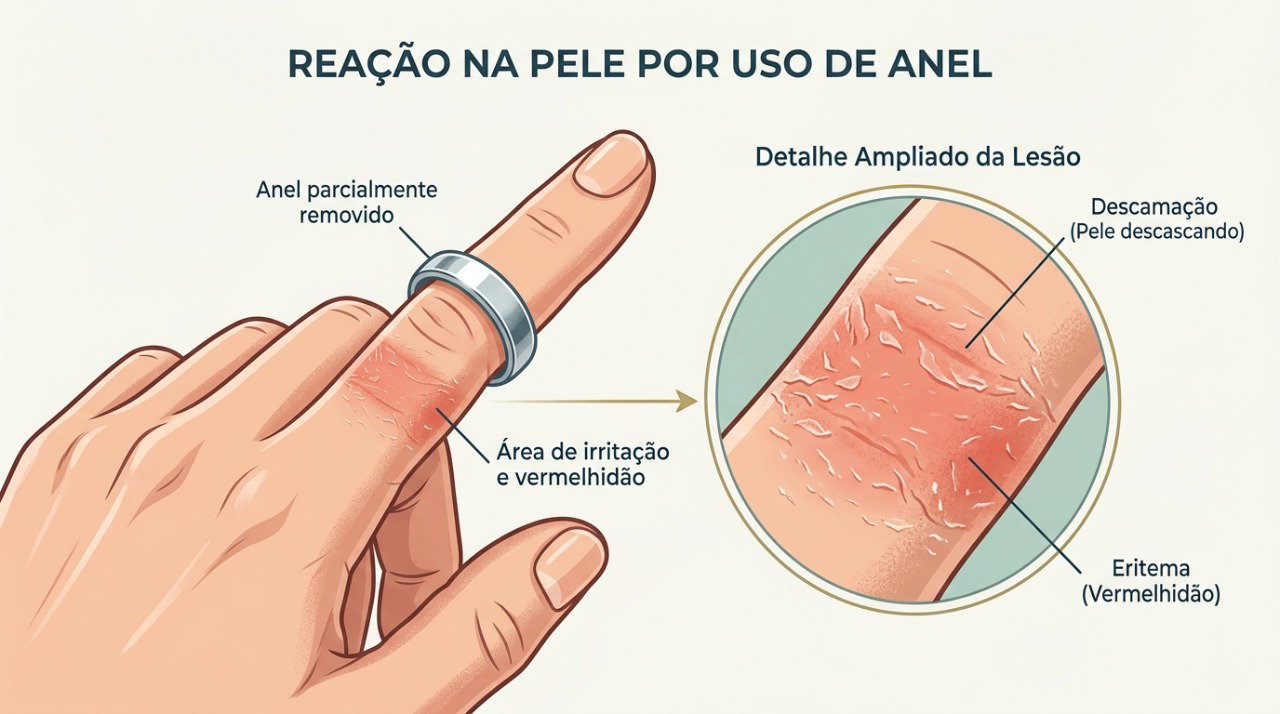 Vermelhidão e descamação na área de contato com o anel podem ser sinais de dermatite.