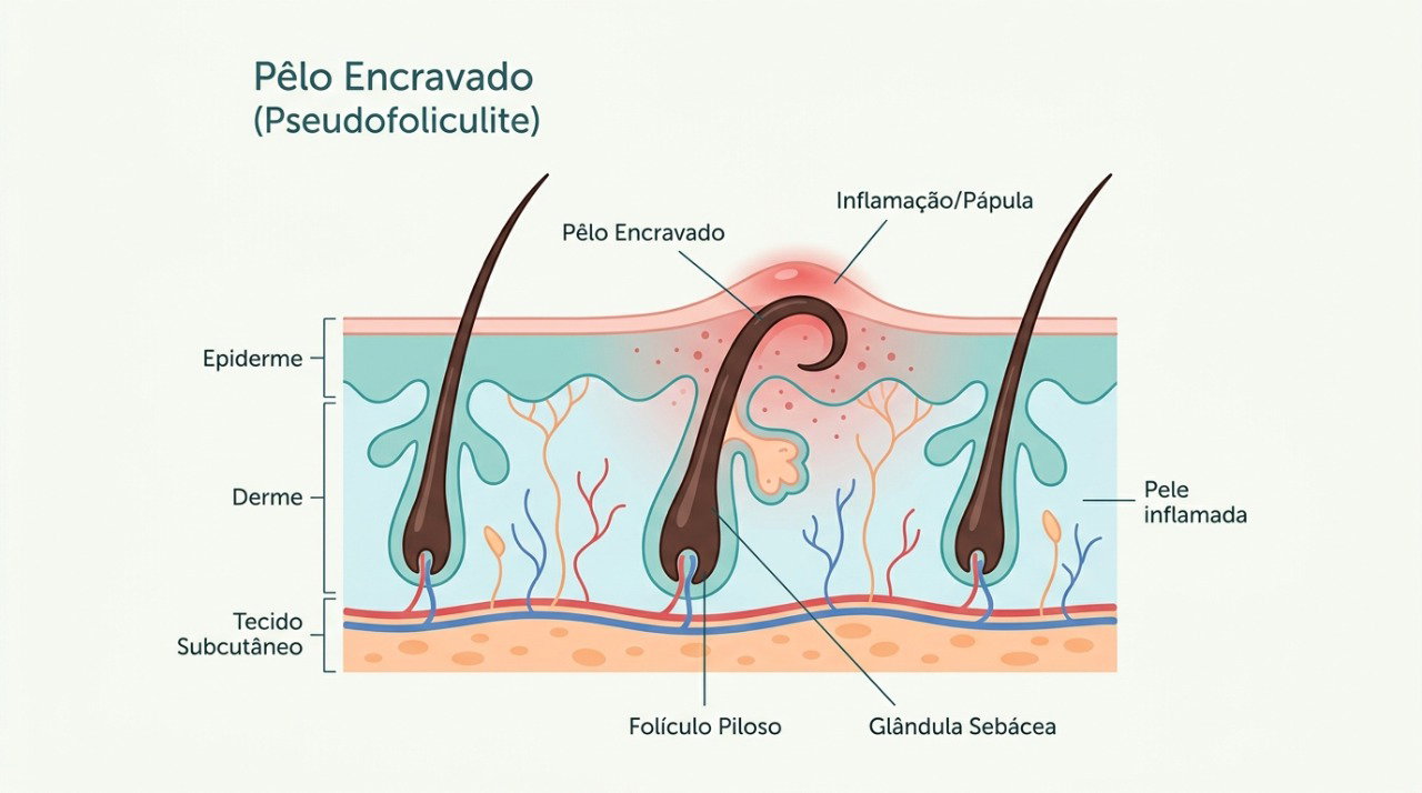 O pelo encravado ocorre quando o fio penetra novamente na pele, provocando inflamação e pequenas bolinhas.