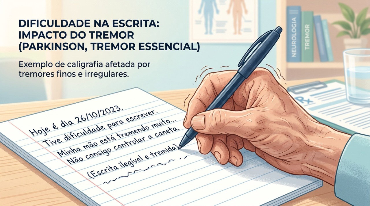 O tremor durante movimentos pode dificultar tarefas delicadas, como escrever e utilizar talheres.