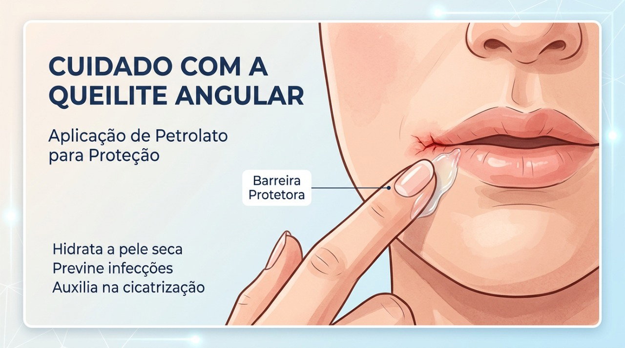 A aplicação de um produto à base de petrolato pode ajudar a proteger a pele rachada nos cantos da boca.